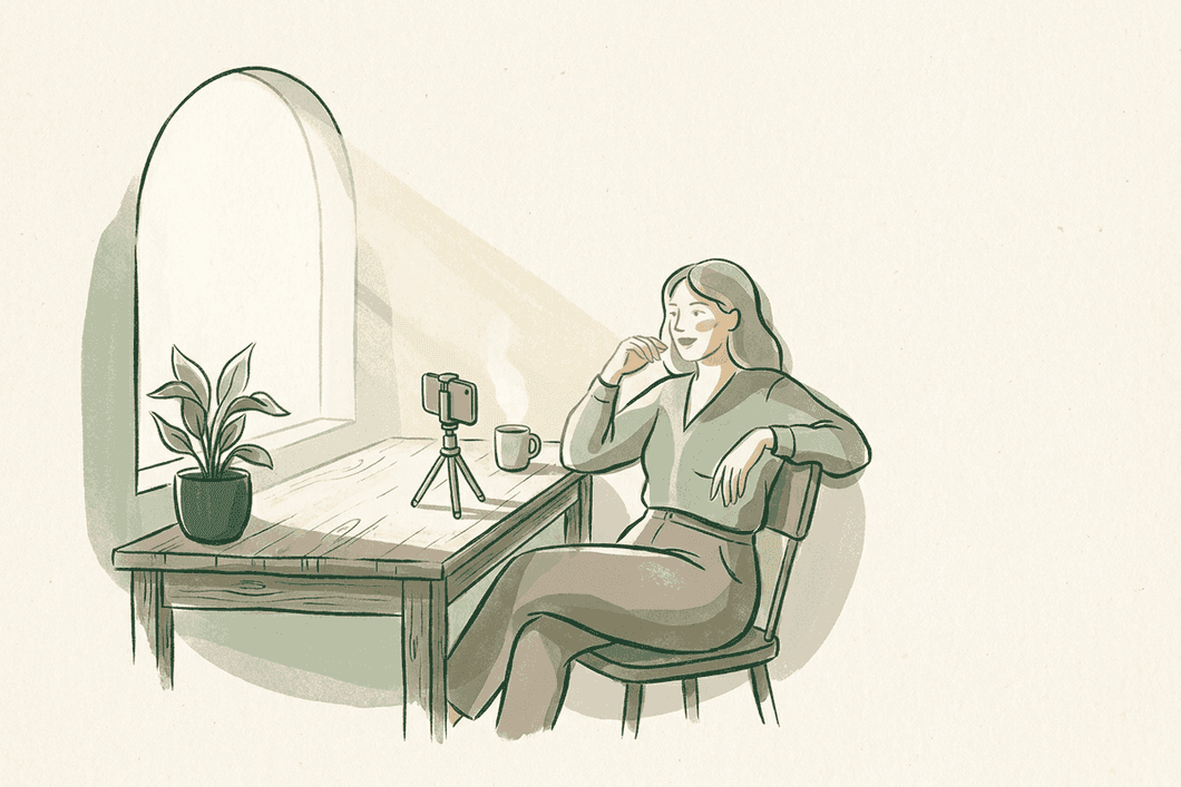An illustration of a creator recording a warm video message at her desk