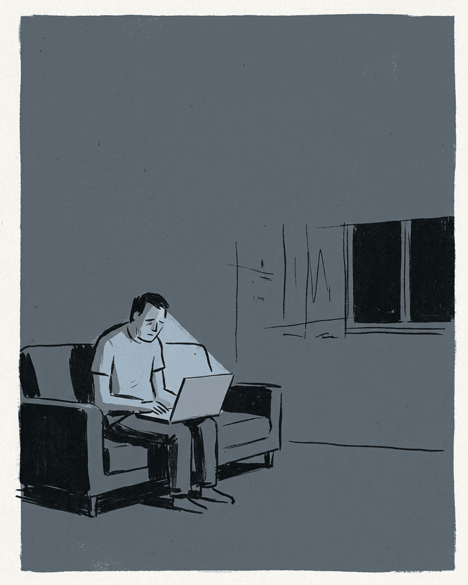 Someone alone at a laptop at night, unseen on the other side of a website